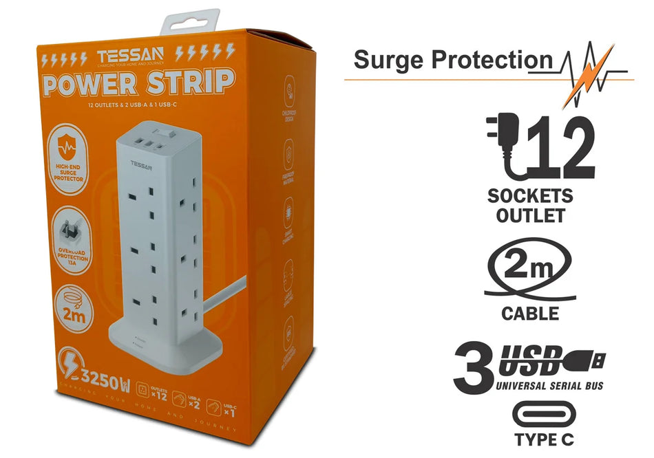 TESSAN Tower 12 Sockets + 3 USB - TPS04-C-UK