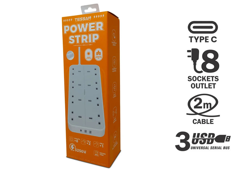 TESSAN 2M Outlet 8 Sockets + 3 USB - TS-204 C