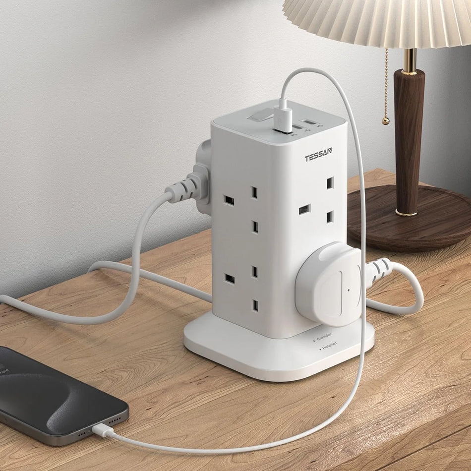 TESSAN Tower 8 Socket + 3 USB - TPS03-C-UK