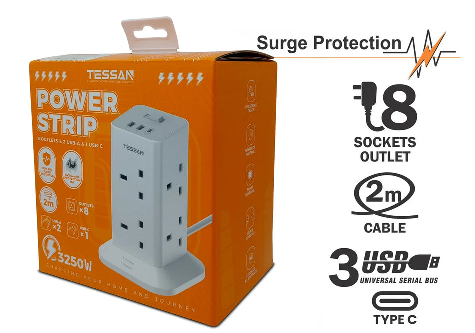 TESSAN Tower 8 Socket + 3 USB - TPS03-C-UK