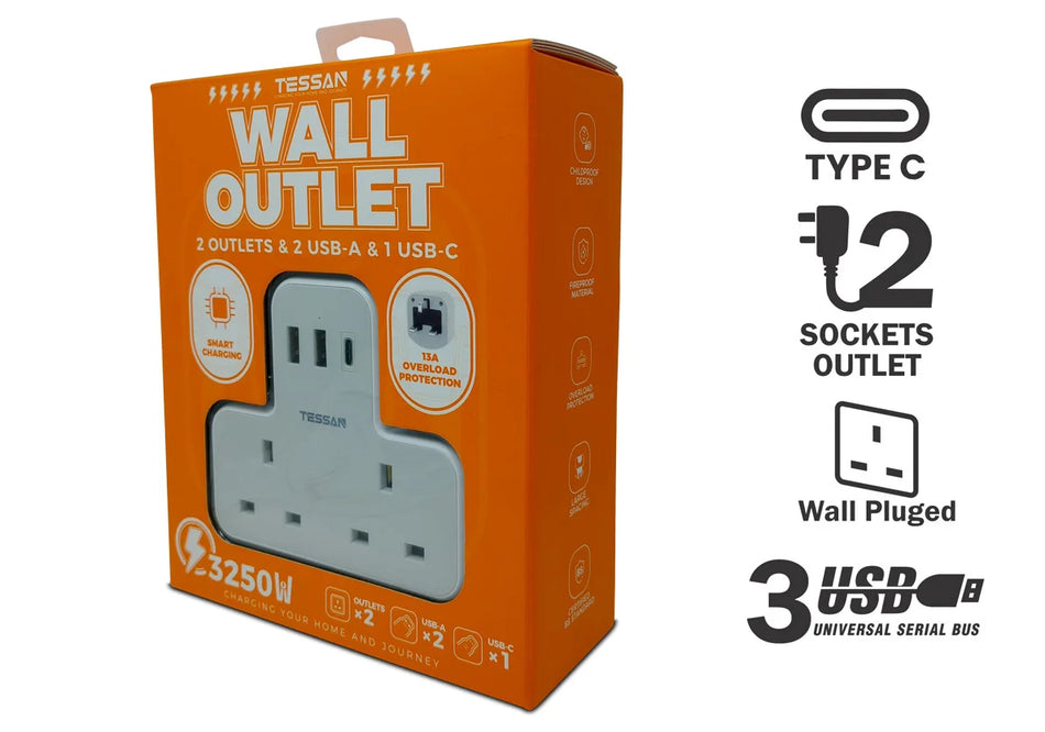 TESSAN 5 in 1 Wall Outlet Adapter 3 Sockets + 3 USB - TS-221-C