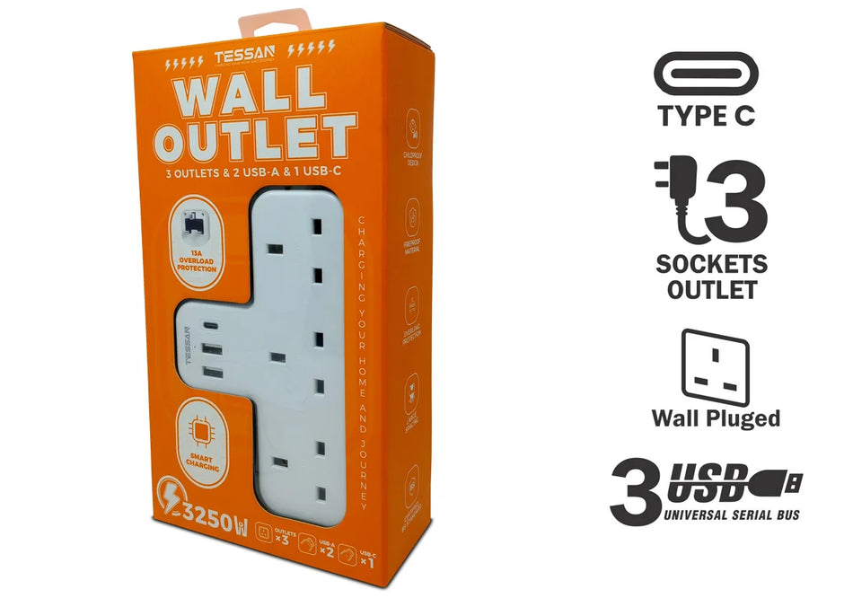 TESSAN 5 in 1 Wall Outlet Adapter 3 Sockets + 3 USB - TS-223-C