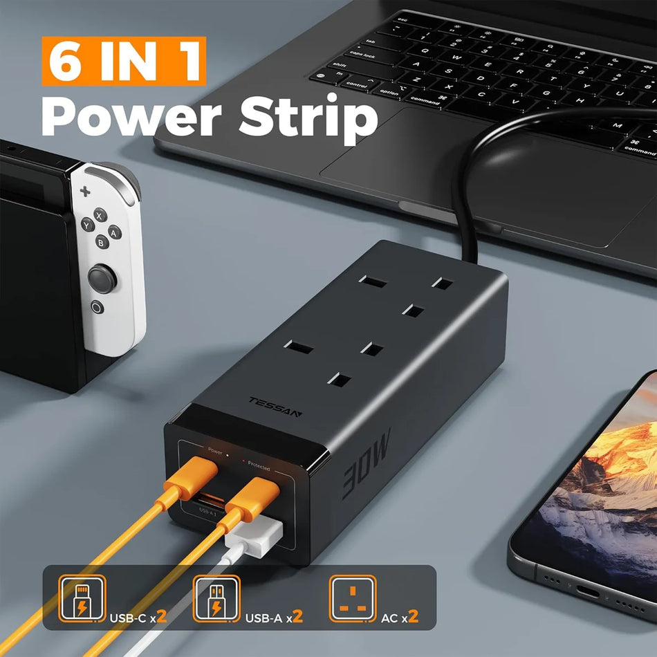 TESSAN 2M Outlet 2 Sockets + 4 USB - TS-FS01UK00