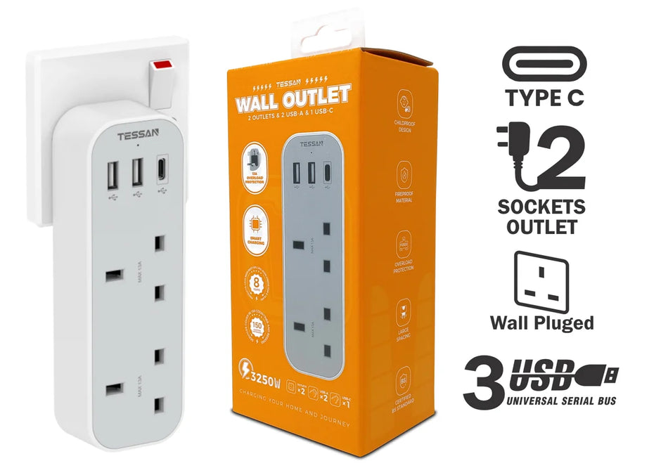 TESSAN 5 in 1 Wall Outlet Adapter 2 Sockets + 3 USB - TS-222-C