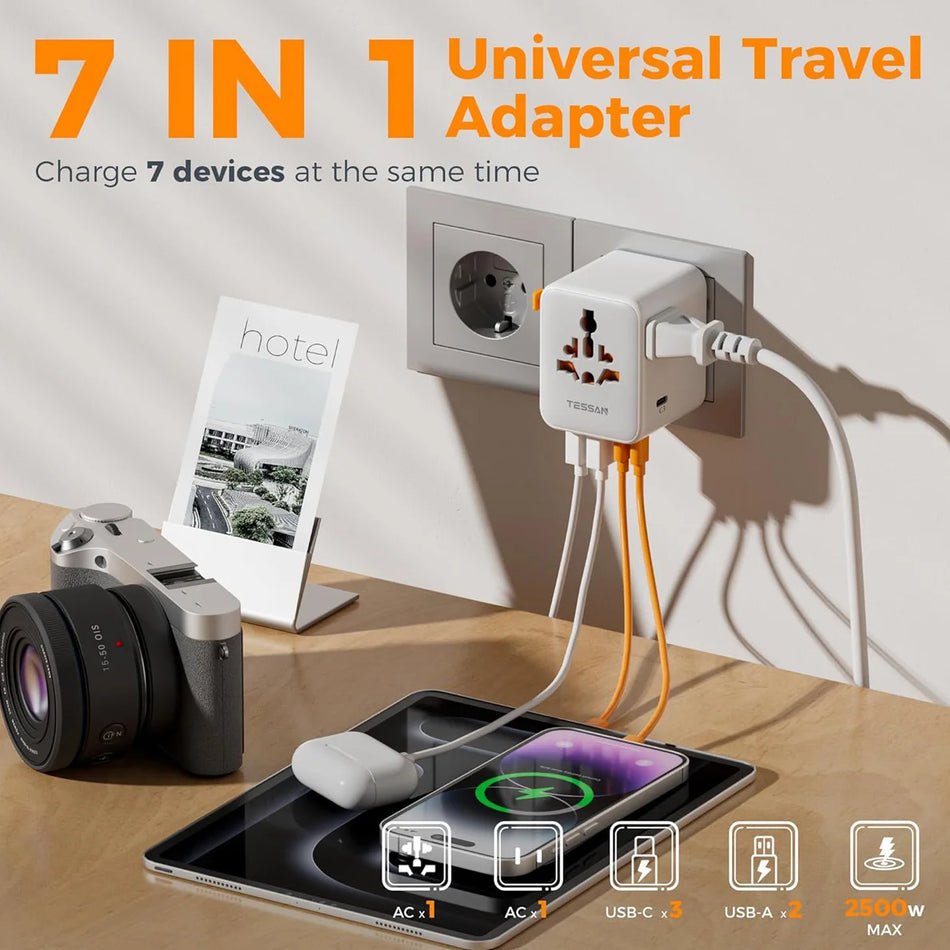 TESSAN Universal Travel Adapter 28W, 2AC + 5 USB - TS-WTA08