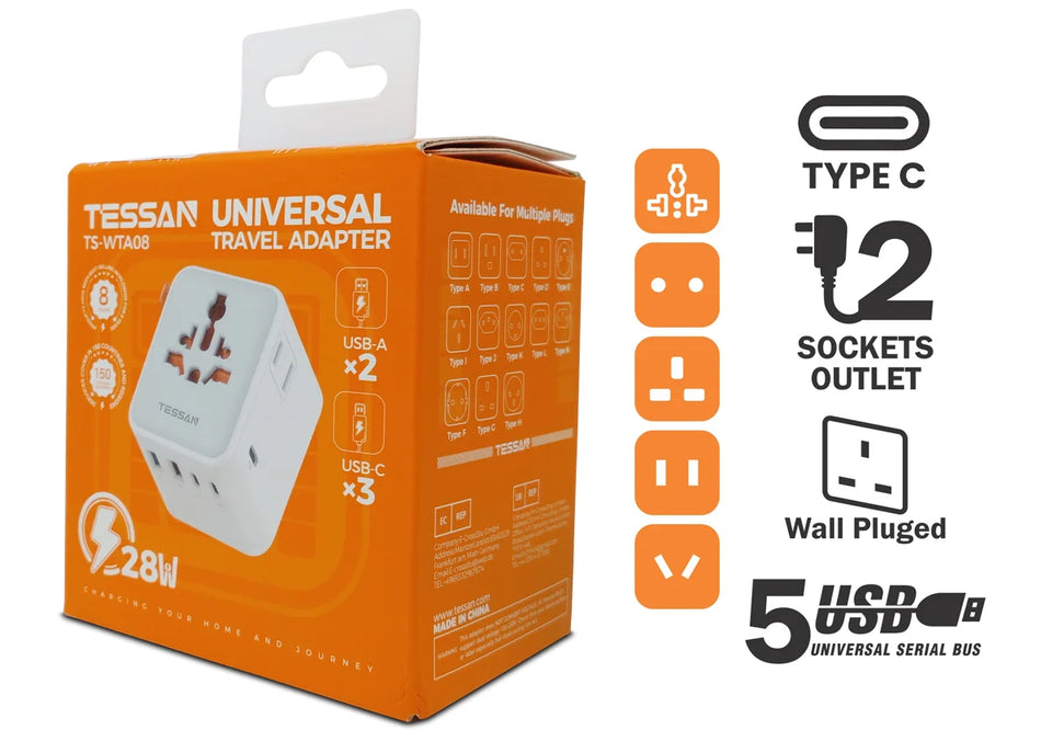 TESSAN Universal Travel Adapter 28W, 2AC + 5 USB - TS-WTA08