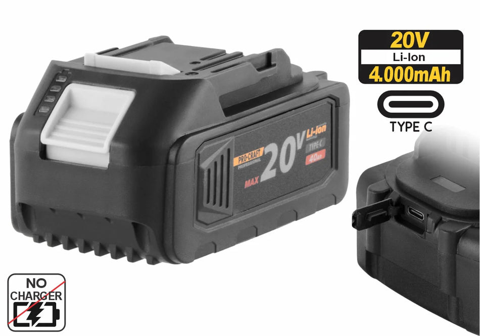 Pro-Craft USB-C Rechargeable Battery 20V Li-ion, 4Ah - 20/4