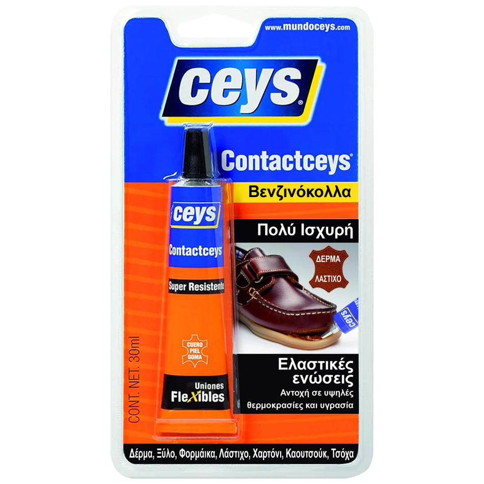 Ceys Contactceys shoe repair adhesive in a 30ml tube, packaged in its original blister card with a blue and orange design and a photo of a brown leather shoe.