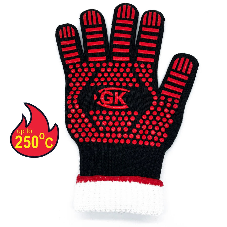 A single black and red silicone-coated heat-resistant work glove with a white ribbed cuff, shown on a white background with a red and yellow flame graphic that reads 'up to 250°C'.