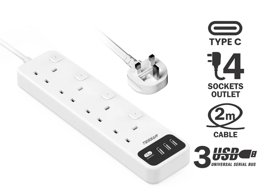 TESSAN 2M Outlet 4 Sockets + 3 USB - TS-B204